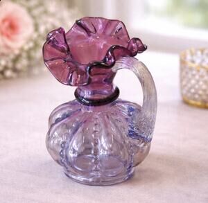 Fenton Glass Mulberry Beaded Melon Shaped Ruffled Edge Pitcher Ombre 6”